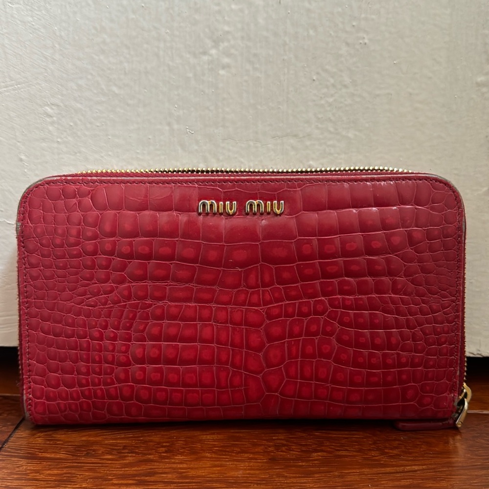 Miu Miu Crocodile Embossed Red Zip Wallet - image 1